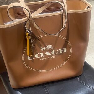 Coach Tan Leather Tote with Yellow Accent